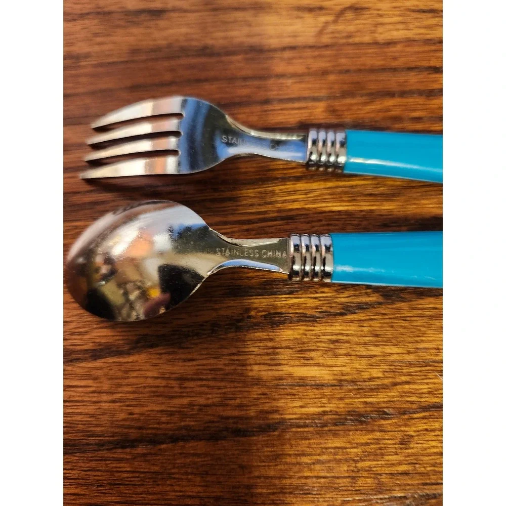 MCM Turquoise Blue 16 Piece Flatware Set Stainless Steel 8 Forks 8 Spoons Teal